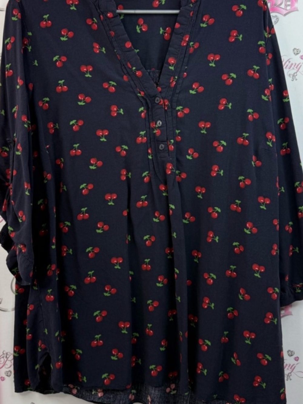 mandee blouse cherries 🍒 printed flowy shirt Navy Blouse with Red Cherry Print - Picture 5 of 11